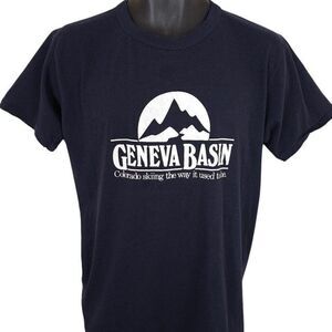 Vintage Ski Geneva Basin T Shirt Mens Size Medium Blue 80s Colorado Made In USA
